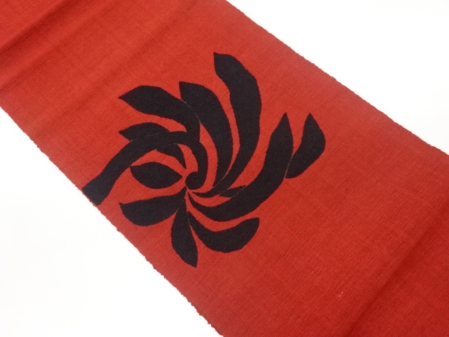 手織り真綿紬抽象葉模様刺繍名古屋帯